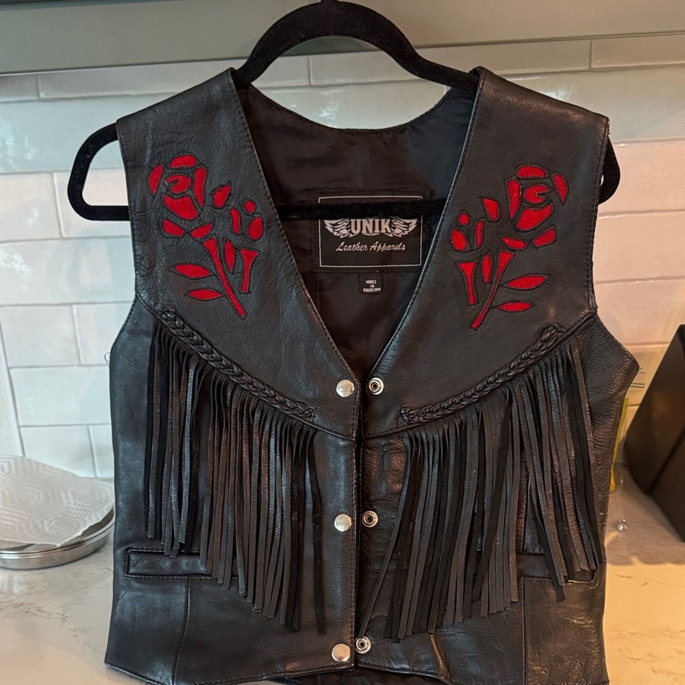 Unik Black Leather Vest with Red Embroidery